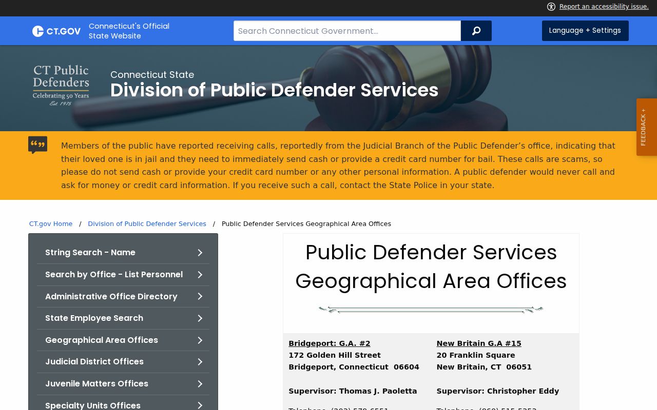 New Haven County court records public defender geographical area office directory