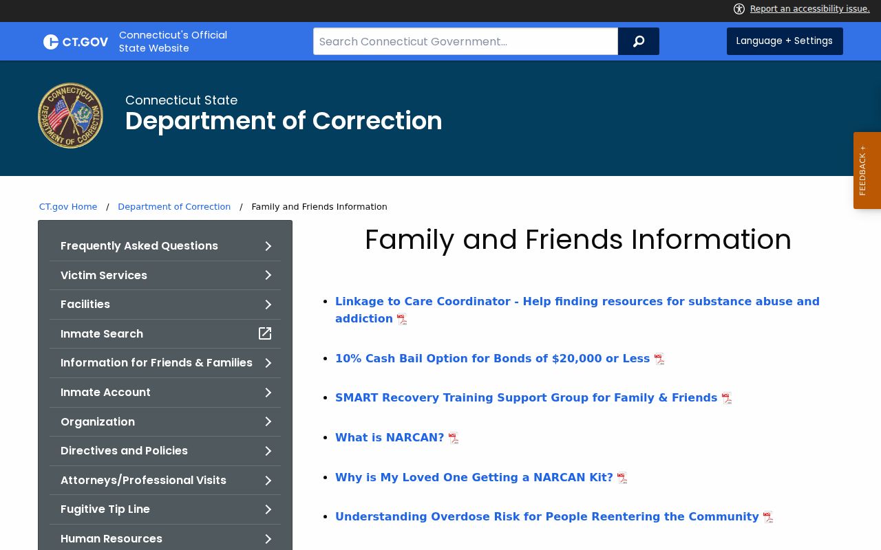New Haven County inmate records Connecticut DOC family and friends information
