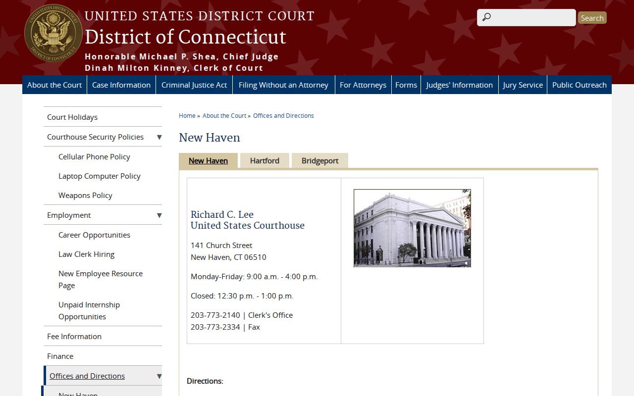 New Haven County federal court records New Haven courthouse page