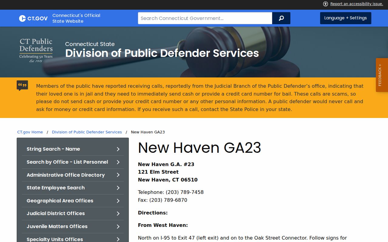 New Haven County arrest records and court charges New Haven GA23 public defender office directions
