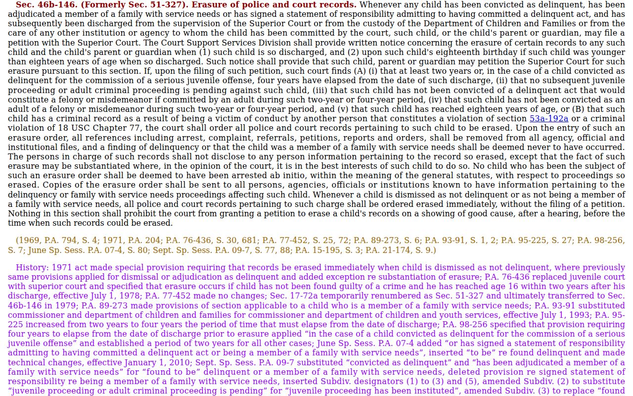 New Haven County clerk records juvenile erasure statute