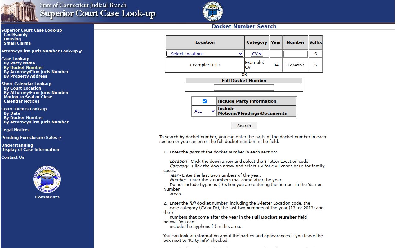 New Haven County court dockets civil family docket number search form