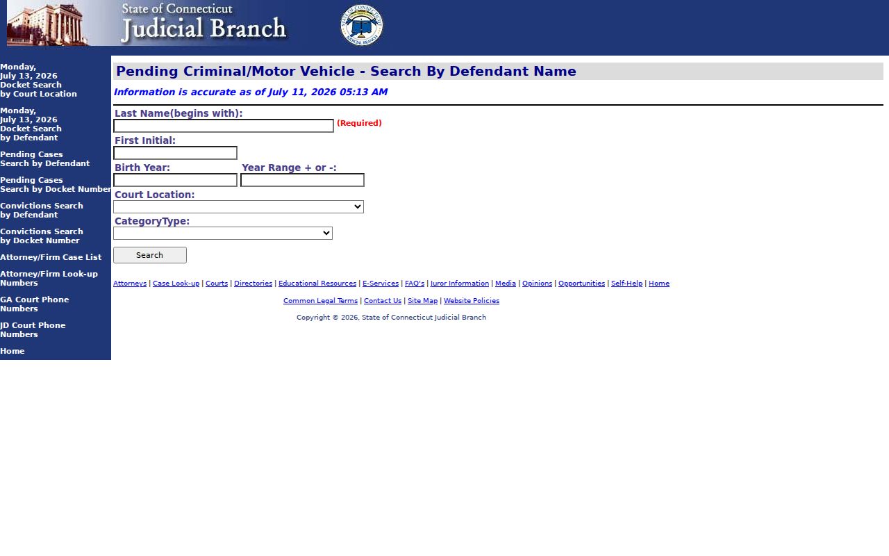 New Haven County court dockets pending criminal motor vehicle defendant search