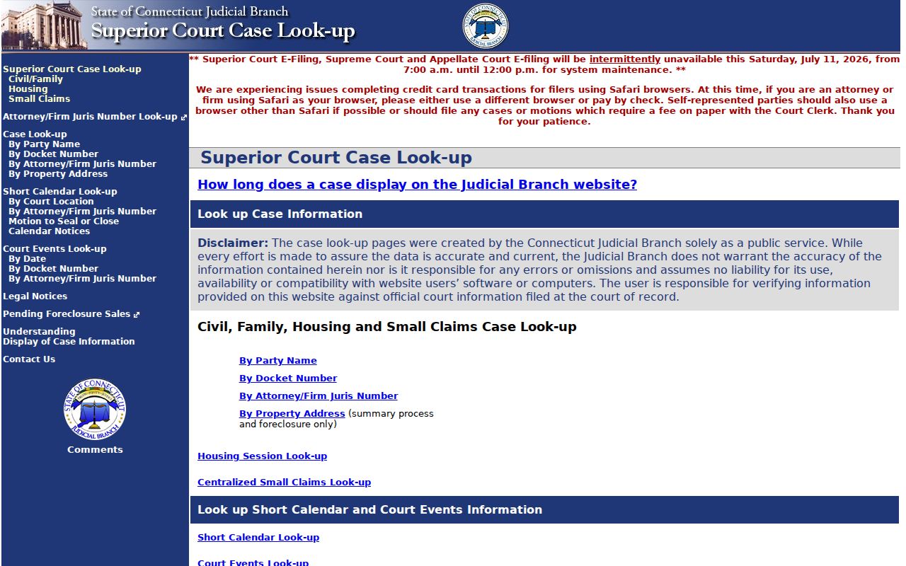 New Haven County court dockets Superior Court civil family lookup
