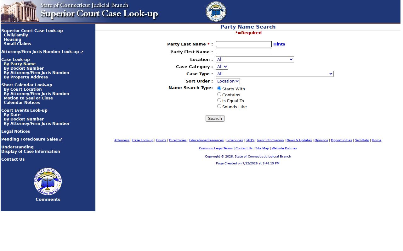 New Haven County court records civil family housing small claims party search