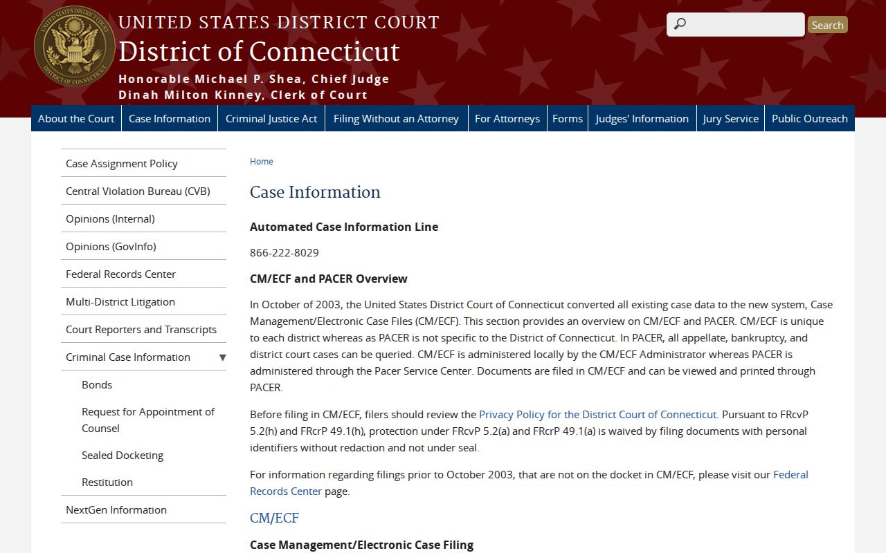 New Haven County court records federal District of Connecticut case information