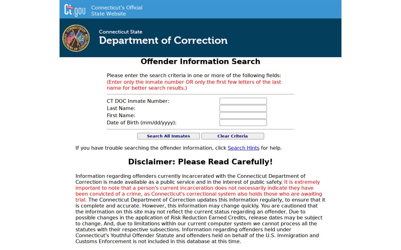 New Haven County inmate records Connecticut DOC inmate search interface