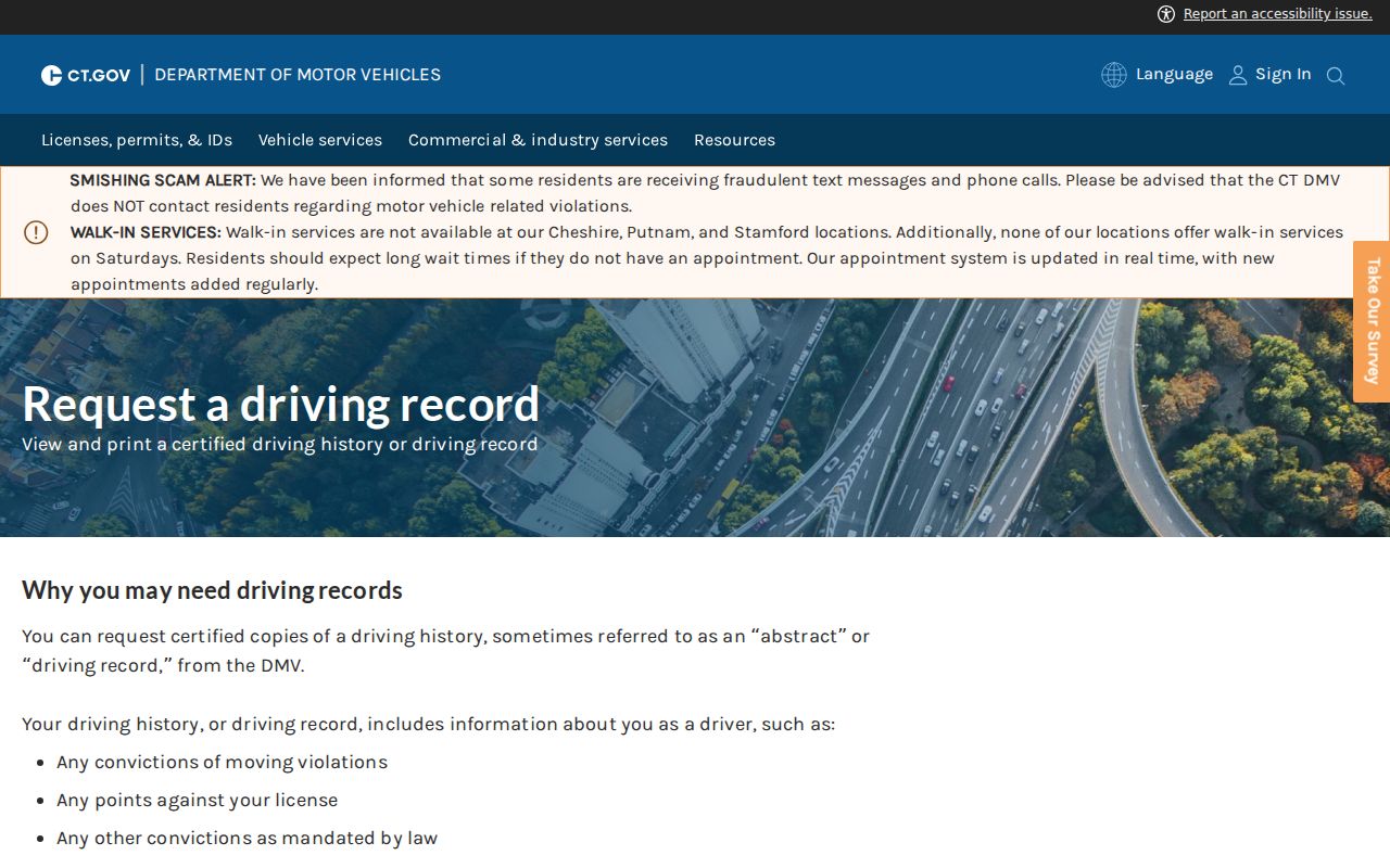 New Haven County traffic court records Connecticut DMV driving record request page