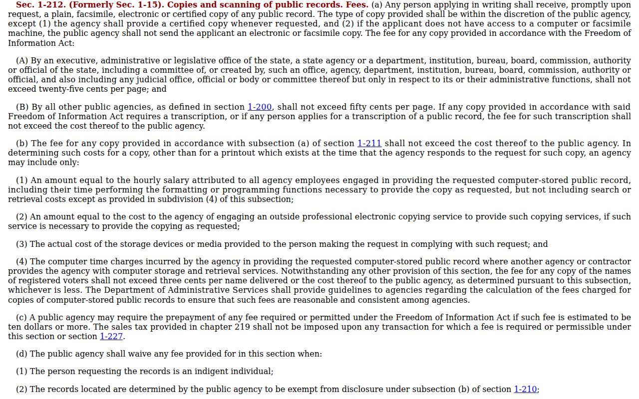 New Haven County warrant records Connecticut FOIA copy fee statute